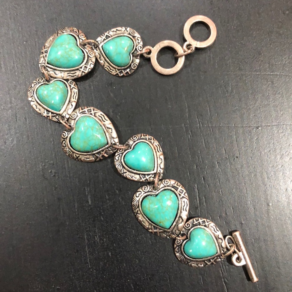 sterling silver bracelet with turquoise hearts